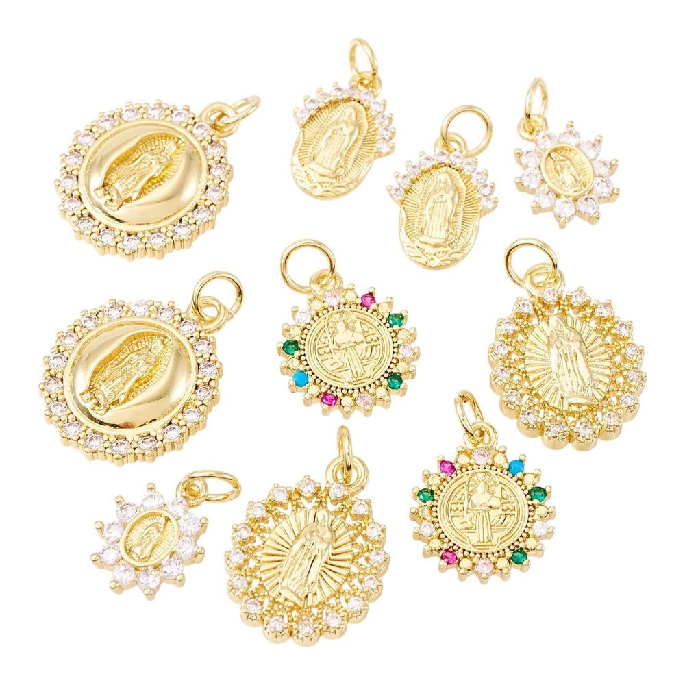 6404 10Pcs Brass 18K Gold Plated Virgin Mary Charms Cubic Zirconia